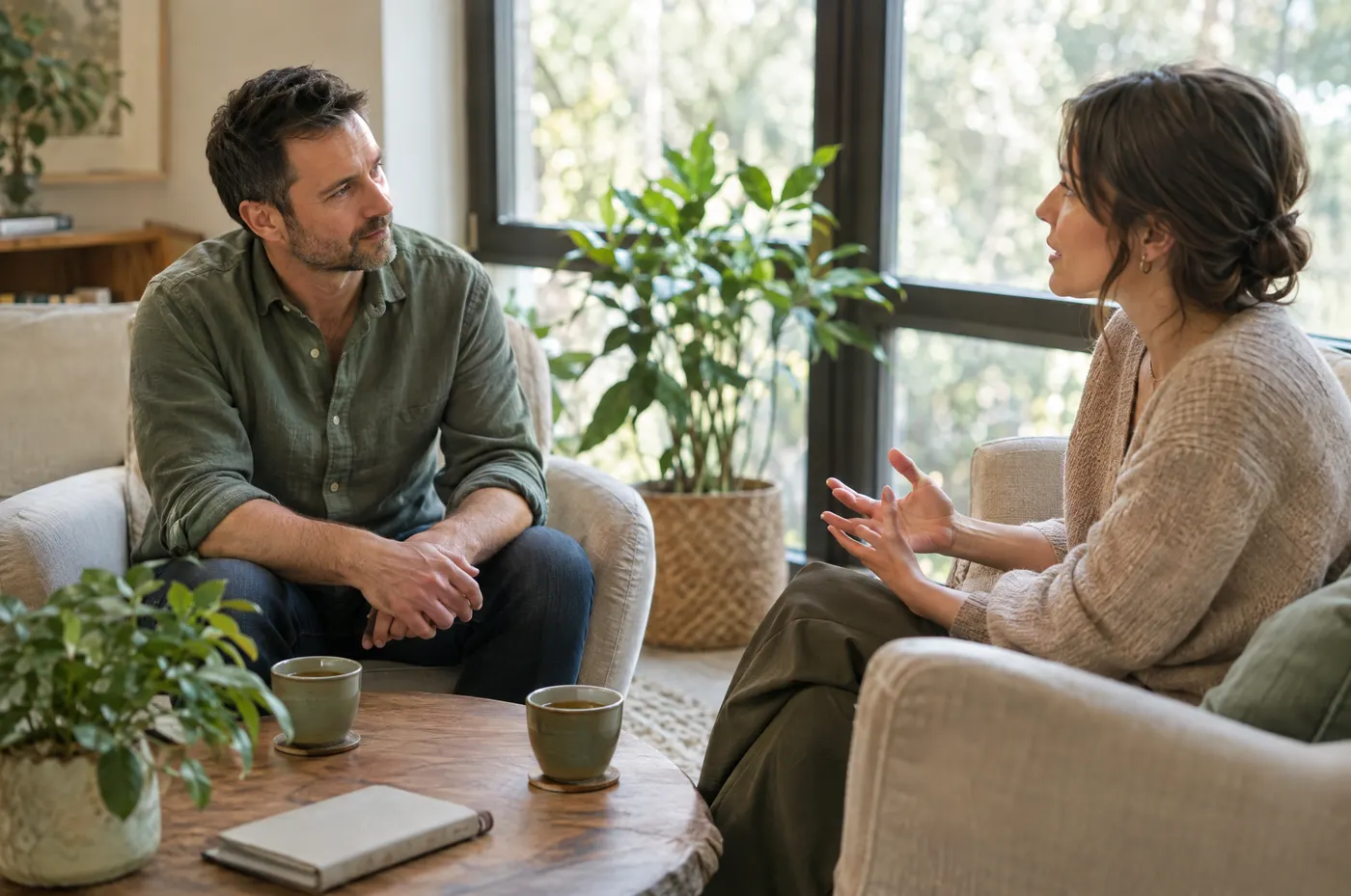 Coaching-Gespräch zwischen zwei Personen in einem hellen Raum
