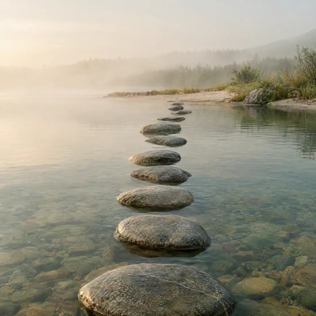 Trittsteine führen durch klares Seewasser ans Ufer