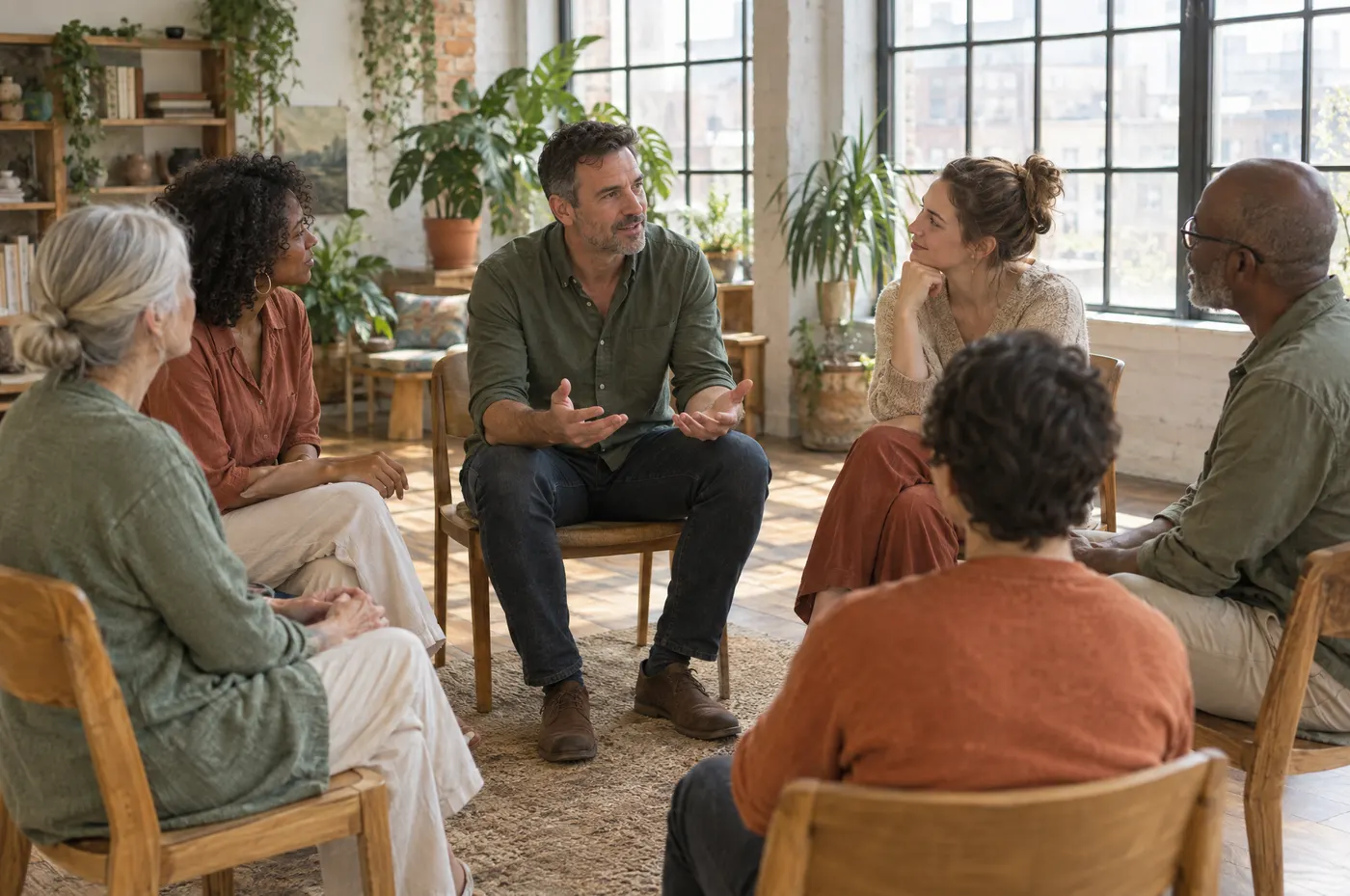Kleine Gruppe sitzt im Kreis in einem Workshop